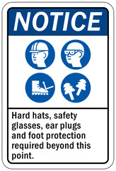 Protective equipment sign hard hat, safety glasses, ear plug and foot protection required beyond this point