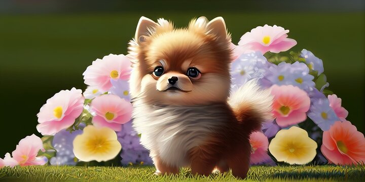 A 3D rendered computer-generated image of an adorable kawaii Pomeranian puppy playing outside and enjoying the weather.