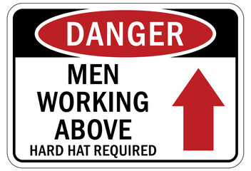 Protective equipment sign hard hat required,  men working above