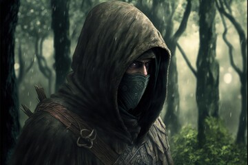 Green hooded archer with forest background. Generative AI - obrazy, fototapety, plakaty