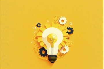 Illustration of light bulb with gears on yellow background, ideas concept. Generative AI