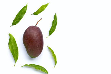 Mango, Tropical fruit with leaves on white background. Top view