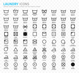 Laundry symbols, care symbols. Washing, drying, bleaching, ironing and cleaning. Laundry guide, care tags, labels and pictograms with instruction. Set of black linear icons of washing guide. Vector