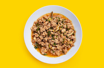 Spicy minced chicken salad in white plate