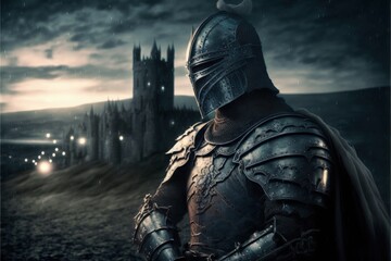 Medieval knight with armor, castle guard, castle in the background. Generative AI	