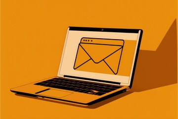 Email icon illustration on laptop screen, orange background. Generative AI