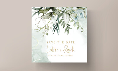 Wedding invitation card template with watercolor leaves