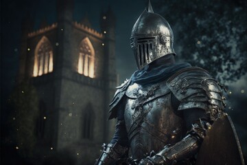 Medieval knight with armor, castle guard, castle in the background. Generative AI	
 - obrazy, fototapety, plakaty
