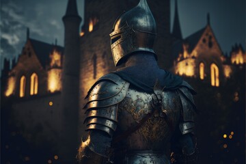 Medieval knight with armor, castle guard, castle in the background. Generative AI	
