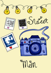 he picture shows a camera, photos and a garland of light bulbs. The background in this picture is light yellow
