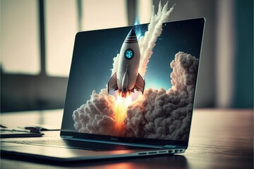 Illustration rocket coming out of laptop screen, concept of ideas and statup. Generative AI