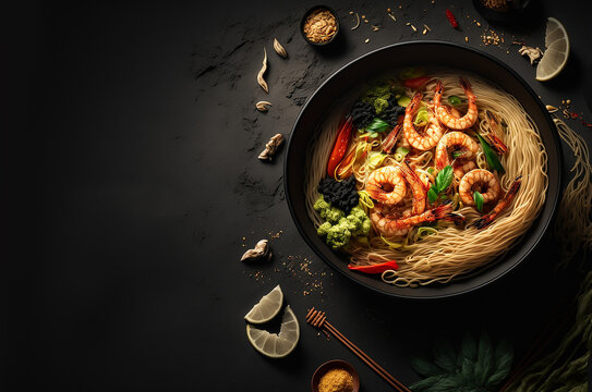 Stir fry noodles with vegetables and shrimps in black bowl. Illustration Generative AI
