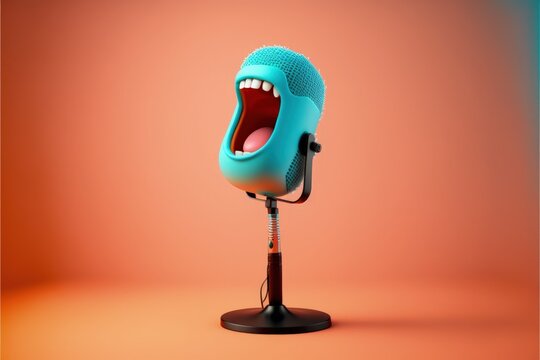 Microphone with mouth in cartoon style, podcast. Generative AI