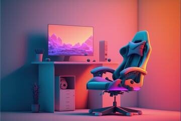 Gamer setup illustration with gamer chair, gradient background. Generative AI
