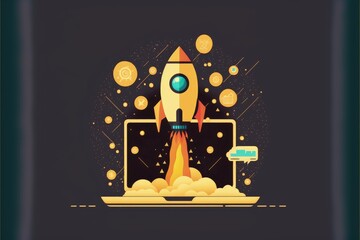 Illustration rocket coming out of laptop screen, concept of ideas and statup. Generative AI