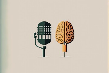 Microphone illustration with brain, podcast and ideas concept, background. Generative AI