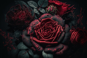fresh, close up, textural background of dark red roses. Generative AI