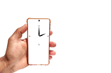 Hand holding smartphone with Black watch icon flat design for apps and 
websites. Time concept Isolated on white background. illustration 
watch sign on screen