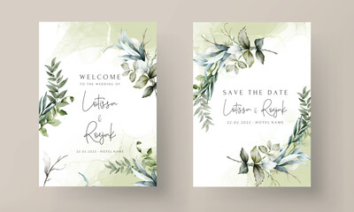 wedding invitation template with beautiful leaves watercolor