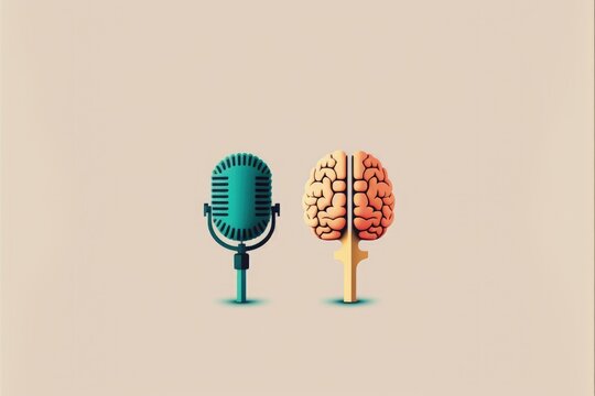 Microphone illustration with brain, podcast and ideas concept, background. Generative AI