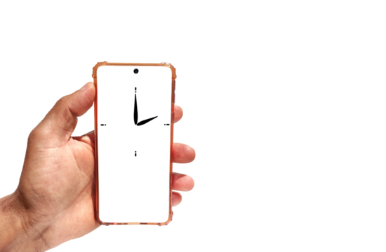 Hand holding smartphone with Black watch icon flat design for apps and 
websites. Time concept Isolated on white background. illustration 
watch sign on screen