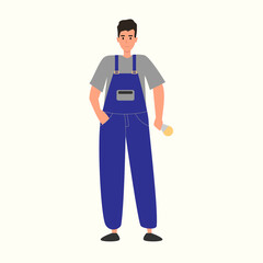 Electrician with a light bulb in his hands. Male electrician in uniform. Vector flat cartoon illustration of a worker in flat style. Concept of home repair, maintenance and electrician services.