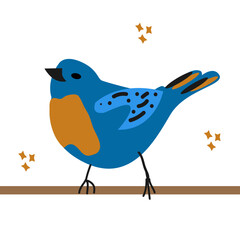 A blue bird in a flat style. Vector minimalist illustration. Bird on a branch. White isolated background. 