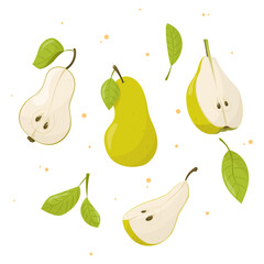 illustration of pear with leaf, illustration of pear isolated on white background, pear with leaves, half of pear, piece of pear isolated	