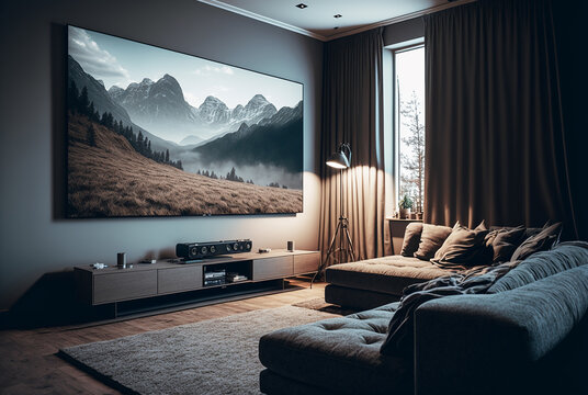 Modern Living Room With Big TV On The Wall In The Room. Illustration Generative AI