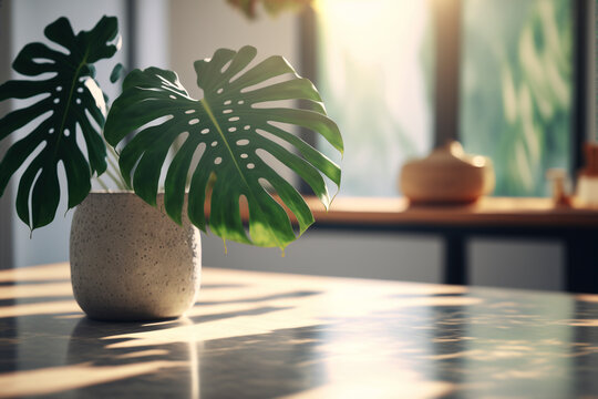 Monstera on the table table background created with generative Ai technologies