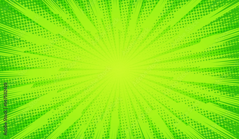 Poster green comics background. abstract lines backdrop. bright sunrays. design frames for title book. text