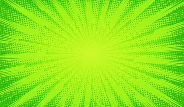 Green comics background. Abstract lines backdrop. Bright sunrays. Design frames for title book. Texture explosive polka. Beam action. Pattern motion flash. Rectangle fast boom. Vector illustration
