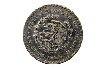 Anverso de la moneda de un peso de 1958, el escudo del águila devorando una serpiente, Estados Unidos Mexicanos