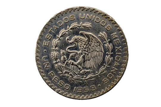 Anverso de la moneda de un peso de 1958, el escudo del águila devorando una serpiente, Estados Unidos Mexicanos