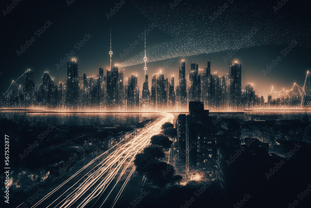 Aufkleber smart city and, polygon pattern connection with speed line light, technology background. illustratio