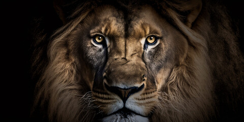 tête de lion vue de face et en gros plan sur fond noir - format panoramique - illustration ia - obrazy, fototapety, plakaty