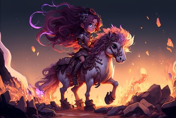 Chibi Female Hero and Her Horse, Chibi, Hero, Horse, Generative AI