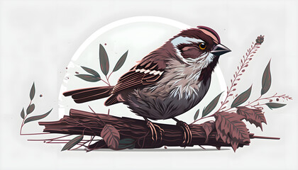 Sparrow in a branch, World Sparrow day illustration, Background for World Sparrow day , isolated white background Sparrow 