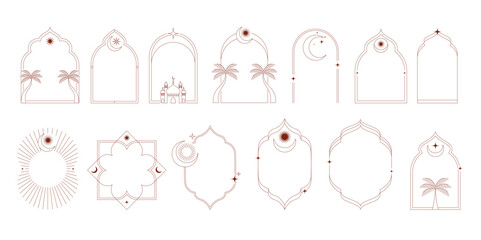 Collection of minimal linear style Islamic windows and arches with modern boho design, moon, mosque dome and lanterns. Minimalistic illustrations