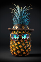 Ripe pineapple in hat with sunglasses on black background. Palm and sky reflection in mirror sunglasses. AI generative.