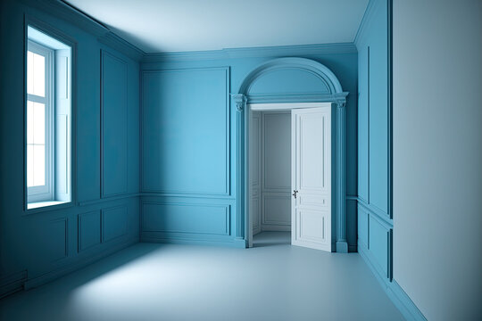 Empty room with blue walls white door and window, AI generative.
