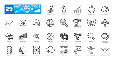 Data analytics icon set. Simple Set of Data Analysis technology symbol. Containing database, statistics, analytics, server, monitoring, computing and network icons.