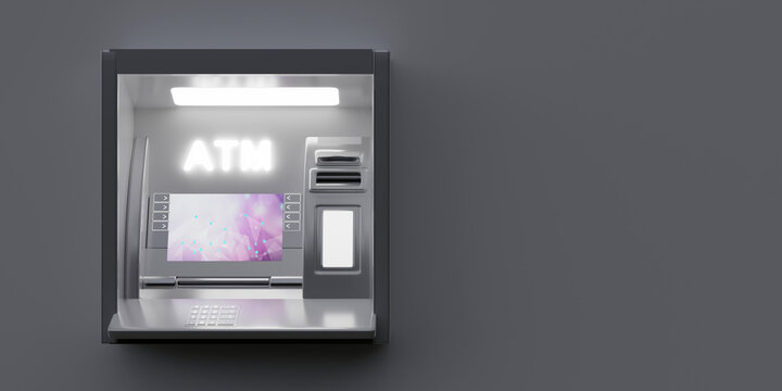 Illuminated ATM at night on empty grey background. Ad template, copy space. 3d render