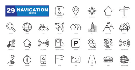 Simple Set of navigation, location, GPS, traffic and travel vector linear icon set.