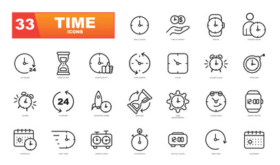 Time and clock line icons set. Icon collection contain: timer, speed, alarm, restore, management, calendar, watch thin line symbols for web and mobile phone on white background