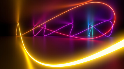 Sci Fy neon glowing wave lines in a dark hall. Reflections on the floor and ceiling. 3d rendering image. Abstract glowing lines. Techology futuristic background.