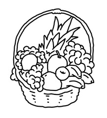 Tasty fresh fruits and vegetables in basket for healthy eating, vegan and vegetarian lifestyle. Garden harvest, market shopping, grocery store. Hand drawn illustration. Cartoon retro vintage drawing.
