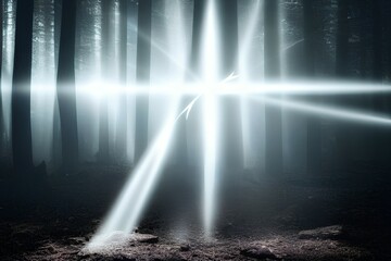 High contrast image of Excalibur, stone sword with light rays and dust features in a dark forest - generative ai