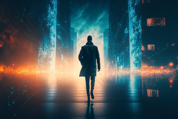 Professional business man walking on future network city. Illustration Generative AI