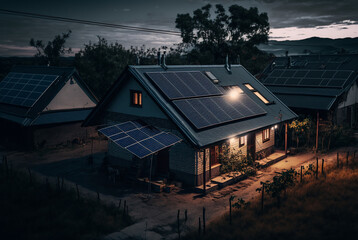 Solar panels on the roof of a building, active at day. cute realistic village house Illustration Generative AI
